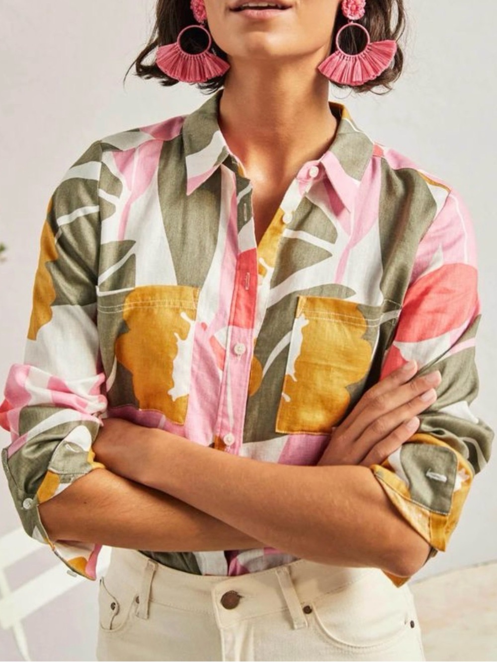 Boden - Colorful Floral Tropical Linen Button Down Long Sleeve Blouse Size 4 Reg